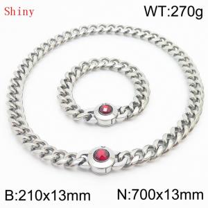 Fashionable and personalized stainless steel 210×13mm&700×13mmCuban Chain Polished Round Buckle Inlaid with Red Glass Diamond Charm Silver Set - KS204478-Z