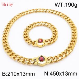 Fashionable and personalized stainless steel 210×13mm&450×13mm Cuban Chain Polished Round Buckle Inlaid with Red Glass Diamond Charm Gold Set - KS204480-Z