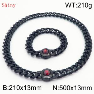 Fashionable and personalized stainless steel 210×13mm&500×13mm Cuban Chain Polished Round Buckle Inlaid with Red Glass Diamond Charm Black Set - KS204488-Z