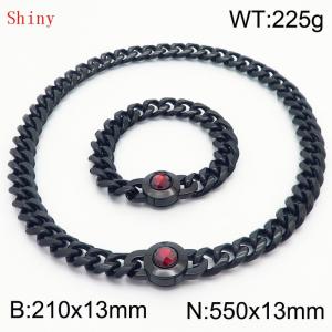 Fashionable and personalized stainless steel 210×13mm&550×13mm Cuban Chain Polished Round Buckle Inlaid with Red Glass Diamond Charm Black Set - KS204489-Z