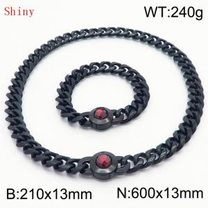 Fashionable and personalized stainless steel 210×13mm&600×13mm Cuban Chain Polished Round Buckle Inlaid with Red Glass Diamond Charm Black Set - KS204490-Z