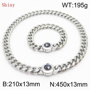 Fashionable and personalized stainless steel 210×13mm&450×13mm Cuban Chain Polished Round Buckle Inlaid with Black Glass Diamond Charm Silver Set - KS204494-Z
