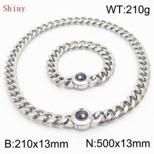 Fashionable and personalized stainless steel 210×13mm&500×13mm Cuban Chain Polished Round Buckle Inlaid with Black Glass Diamond Charm Silver Set - KS204495-Z