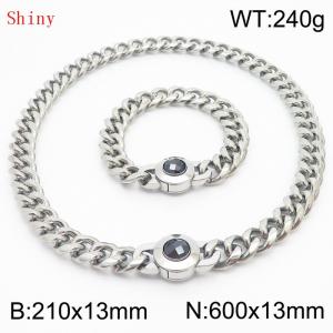 Fashionable and personalized stainless steel 210×13mm&600×13mm Cuban Chain Polished Round Buckle Inlaid with Black Glass Diamond Charm Silver Set - KS204497-Z