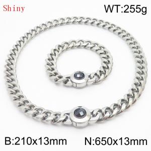 Fashionable and personalized stainless steel 210×13mm&650×13mm Cuban Chain Polished Round Buckle Inlaid with Black Glass Diamond Charm Silver Set - KS204498-Z