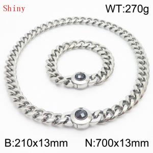 Fashionable and personalized stainless steel 210×13mm&700×13mm Cuban Chain Polished Round Buckle Inlaid with Black Glass Diamond Charm Silver Set - KS204499-Z