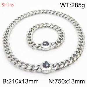 Fashionable and personalized stainless steel 210×13mm&750×13mm Cuban Chain Polished Round Buckle Inlaid with Black Glass Diamond Charm Silver Set - KS204500-Z