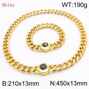Fashionable and personalized stainless steel 210×13mm&450×13mm Cuban Chain Polished Round Buckle Inlaid with Black Glass Diamond Charm Gold Set - KS204501-Z