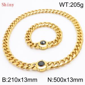 Fashionable and personalized stainless steel 210×13mm&500×13mm Cuban Chain Polished Round Buckle Inlaid with Black Glass Diamond Charm Gold Set - KS204502-Z