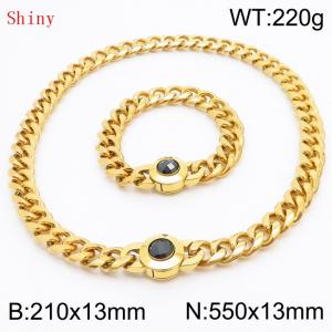 Fashionable and personalized stainless steel 210×13mm&550×13mm Cuban Chain Polished Round Buckle Inlaid with Black Glass Diamond Charm Gold Set - KS204503-Z
