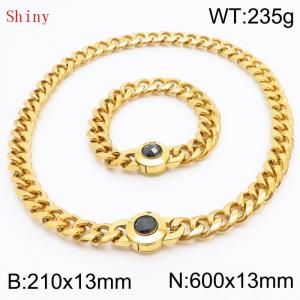 Fashionable and personalized stainless steel 210×13mm&600×13mm Cuban Chain Polished Round Buckle Inlaid with Black Glass Diamond Charm Gold Set - KS204504-Z