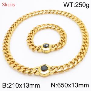 Fashionable and personalized stainless steel 210×13mm&650×13mm Cuban Chain Polished Round Buckle Inlaid with Black Glass Diamond Charm Gold Set - KS204505-Z