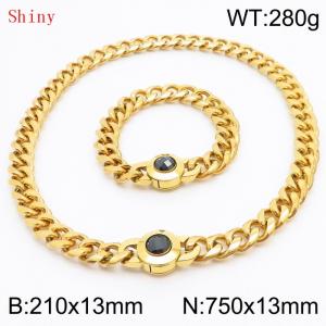 Fashionable and personalized stainless steel 210×13mm&750×13mm Cuban Chain Polished Round Buckle Inlaid with Black Glass Diamond Charm Gold Set - KS204507-Z