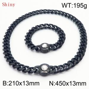Fashionable and personalized stainless steel 210×13mm&450×13mm Cuban Chain Polished Round Buckle Inlaid with white Glass Diamond Charm Black Set - KS204508-Z