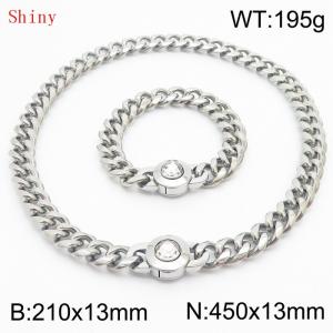 Fashionable and personalized stainless steel 210×13mm&450×13mm Cuban Chain Polished Round Buckle Inlaid with white Glass Diamond Charm Silver Set - KS204515-Z