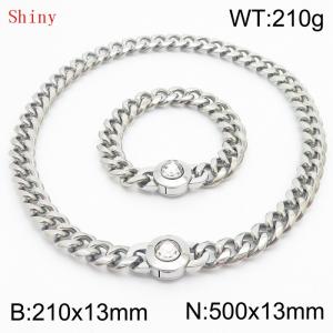Fashionable and personalized stainless steel 210×13mm&500×13mm Cuban Chain Polished Round Buckle Inlaid with white Glass Diamond Charm Silver Set - KS204516-Z