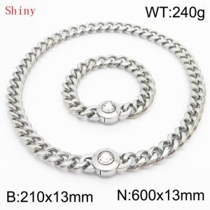 Fashionable and personalized stainless steel 210×13mm&600×13mm Cuban Chain Polished Round Buckle Inlaid with white Glass Diamond Charm Silver Set - KS204518-Z