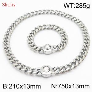 Fashionable and personalized stainless steel 210×13mm&750×13mm Cuban Chain Polished Round Buckle Inlaid with white Glass Diamond Charm Silver Set - KS204521-Z