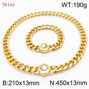Fashionable and personalized stainless steel 210×13mm&450×13mm Cuban Chain Polished Round Buckle Inlaid with white Glass Diamond Charm Gold Set - KS204522-Z