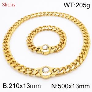 Fashionable and personalized stainless steel 210×13mm&500×13mm Cuban Chain Polished Round Buckle Inlaid with white Glass Diamond Charm Gold Set - KS204523-Z