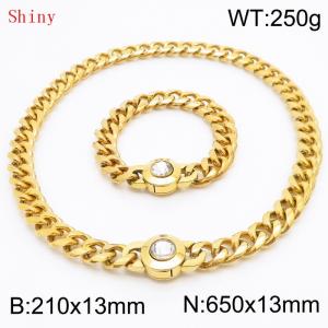 Fashionable and personalized stainless steel 210×13mm&650×13mm Cuban Chain Polished Round Buckle Inlaid with white Glass Diamond Charm Gold Set - KS204526-Z