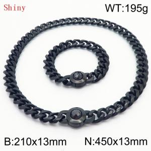 Fashionable and personalized stainless steel 210×13mm&450×13mm Cuban Chain Polished Round Buckle Inlaid with Black Glass Diamond Charm Black Set - KS204529-Z