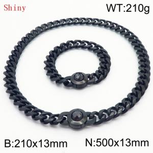 Fashionable and personalized stainless steel 210×13mm&500×13mm Cuban Chain Polished Round Buckle Inlaid with Black Glass Diamond Charm Black Set - KS204530-Z