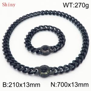 Fashionable and personalized stainless steel 210×13mm&700×13mm Cuban Chain Polished Round Buckle Inlaid Skull Head Charm Black Set - KS204555-Z