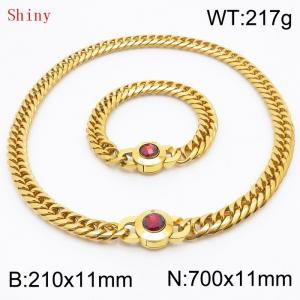 Personalized and trendy titanium steel polished whip chain gold bracelet necklace set, paired with red crystal snap closure - KS204562-Z
