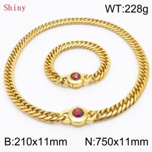 Personalized and trendy titanium steel polished whip chain gold bracelet necklace set, paired with red crystal snap closure - KS204563-Z
