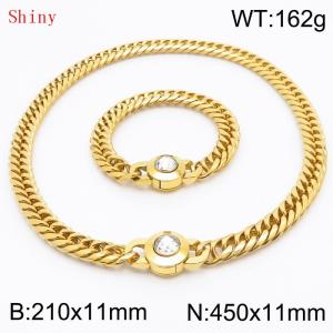 Personalized and popular titanium steel polished whip chain gold bracelet necklace set, paired with white crystal snap closure - KS204578-Z