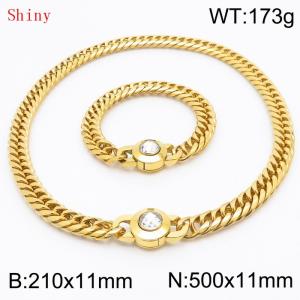 Personalized and popular titanium steel polished whip chain gold bracelet necklace set, paired with white crystal snap closure - KS204579-Z