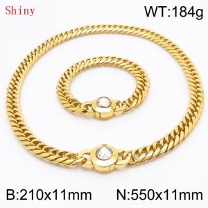 Personalized and popular titanium steel polished whip chain gold bracelet necklace set, paired with white crystal snap closure - KS204580-Z