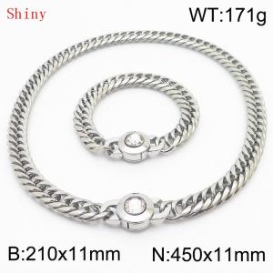Personalized and popular titanium steel polished whip chain silver bracelet necklace set, paired with white crystal snap closure - KS204585-Z
