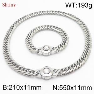 Personalized and popular titanium steel polished whip chain silver bracelet necklace set, paired with white crystal snap closure - KS204587-Z
