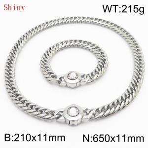 Personalized and popular titanium steel polished whip chain silver bracelet necklace set, paired with white crystal snap closure - KS204589-Z