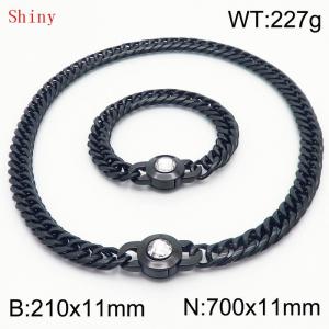 Personalized and popular titanium steel polished whip chain black bracelet necklace set, paired with white crystal snap closure - KS204597-Z