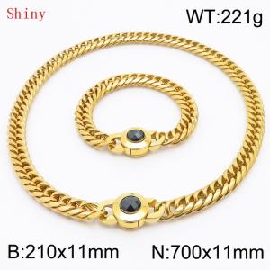 Personalized and popular titanium steel polished whip chain gold bracelet necklace set, paired with black crystal snap closure - KS204604-Z