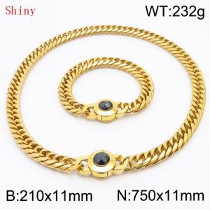 Personalized and popular titanium steel polished whip chain gold bracelet necklace set, paired with black crystal snap closure - KS204605-Z