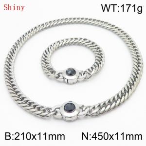 Personalized and popular titanium steel polished whip chain silver bracelet necklace set, paired with black crystal snap closure - KS204606-Z