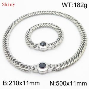 Personalized and popular titanium steel polished whip chain silver bracelet necklace set, paired with black crystal snap closure - KS204607-Z