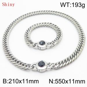 Personalized and popular titanium steel polished whip chain silver bracelet necklace set, paired with black crystal snap closure - KS204608-Z