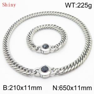 Personalized and popular titanium steel polished whip chain silver bracelet necklace set, paired with black crystal snap closure - KS204610-Z