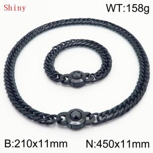 Personalized and popular titanium steel polished whip chain black bracelet necklace set, paired with black crystal snap closure - KS204613-Z