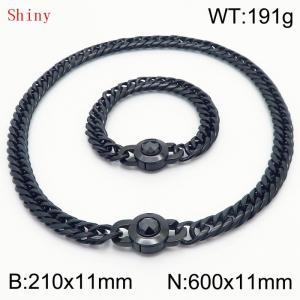 Personalized and popular titanium steel polished whip chain black bracelet necklace set, paired with black crystal snap closure - KS204616-Z