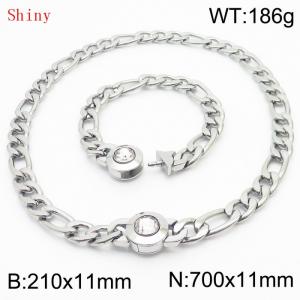 Silver Color Punk Stainless Steel NK Chain 210×11mm Bracelet 700×11mm Necklace for Men Women Hip Pop Figaro Rope Cuban Box Long Chains Jewelry Sets - KS204716-Z