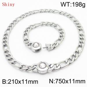 Silver Color Punk Stainless Steel NK Chain 210×11mm Bracelet 750×11mm Necklace for Men Women Hip Pop Figaro Rope Cuban Box Long Chains Jewelry Sets - KS204717-Z