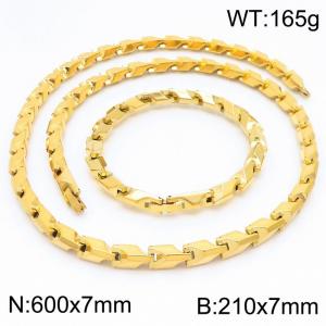 Fashion stainless steel 600 × 7mm&210 × 7mm geometric splicing chain magnetic buckle charm gold set - KS204775-KFC