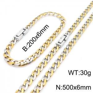 500x6mm Flat Bracelet Necklace Set Stainless Steel Japanese Buckle Chain Neutral Gold Mixed Jewelry - KS204922-Z