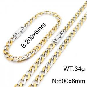 600x6mm Flat Bracelet Necklace Set Stainless Steel Japanese Buckle Chain Neutral Gold Mixed Jewelry - KS204924-Z